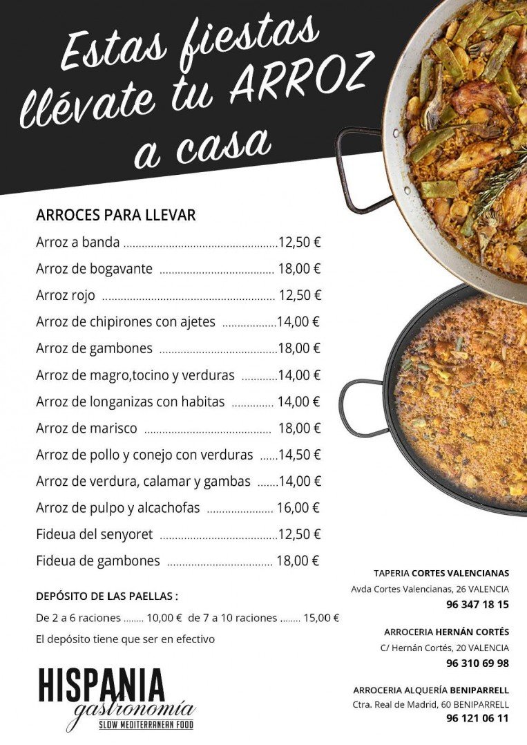 Carta de arroces ofrecida por un servicio de gastronomía española a domicilio, con una selección de diferentes tipos de paella y otros platos a base de arroz, incluyendo sus precios.